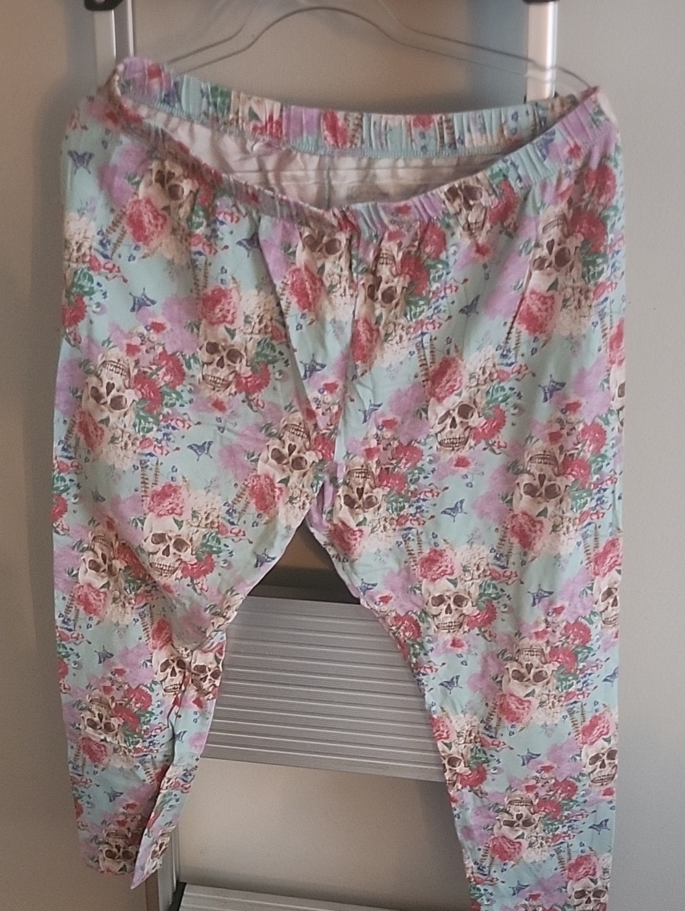 Floral Skull Print Pajama Pants - Light Blue/Pink